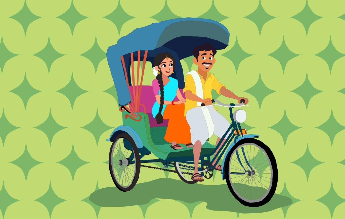 Mural of a couple riding a cycle rickshaw