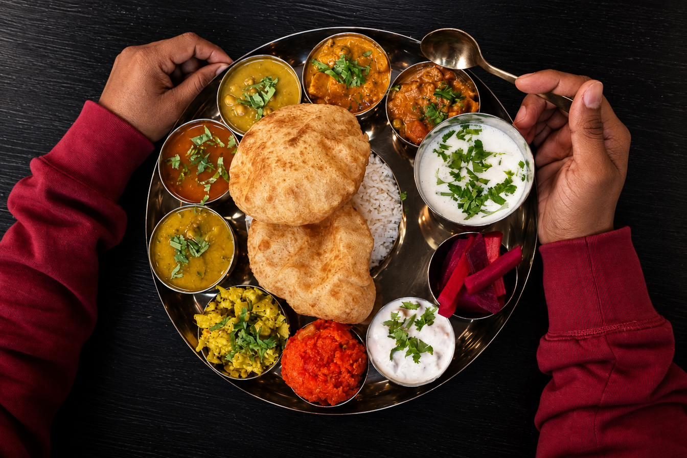 A guest tearing into a full vegetarian thali